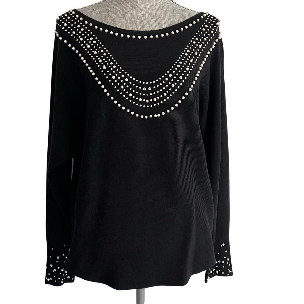 LIV Milano Yummy Sweater Medium M Pearl and Rhinestone Necklace Long Sleeve NEW